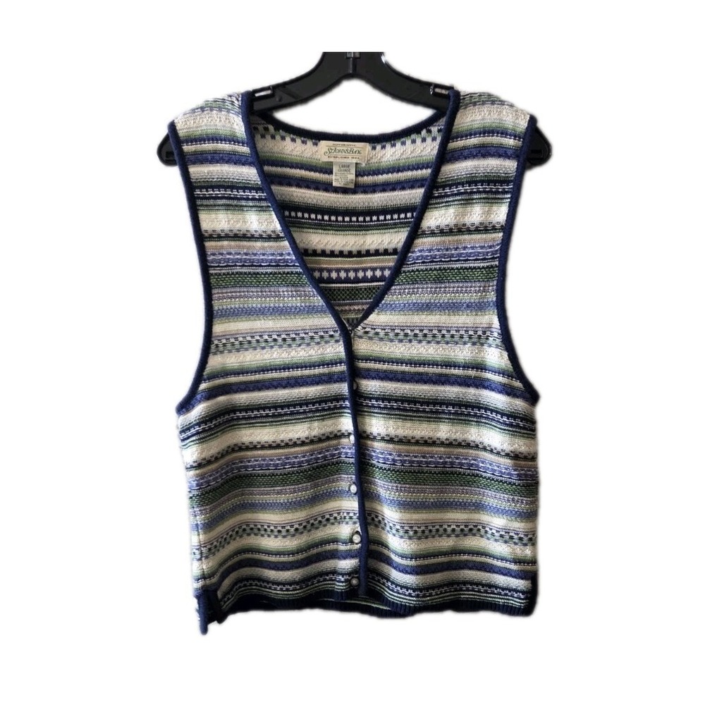 St Johns Bay Vintage 90s Sweater Vest Womens L Striped Cottage Core Ramie Button